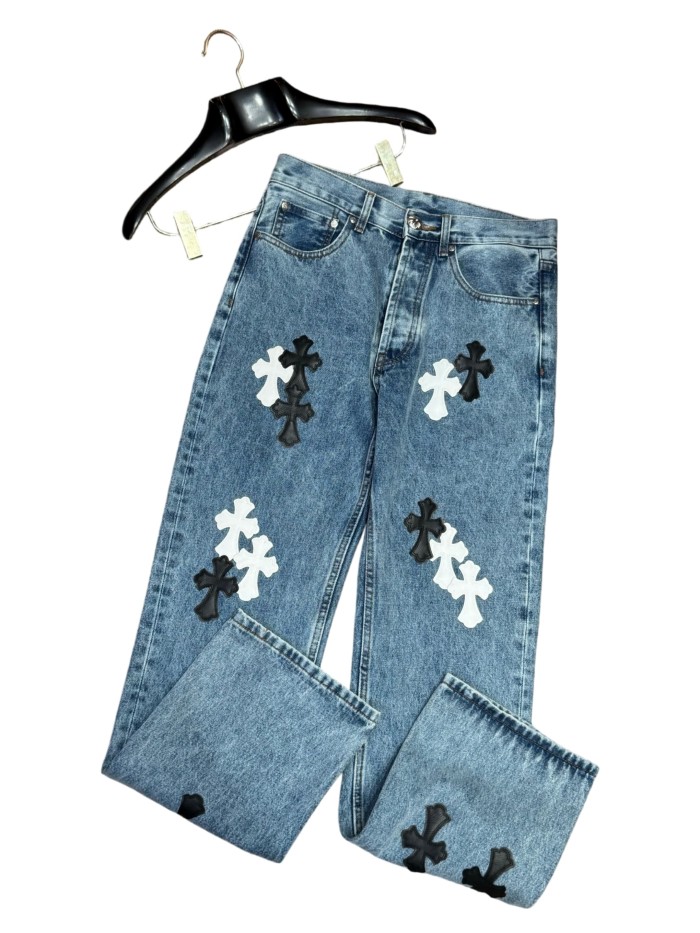 1:1 quality version  washed black and white cross leather jeans 28959651