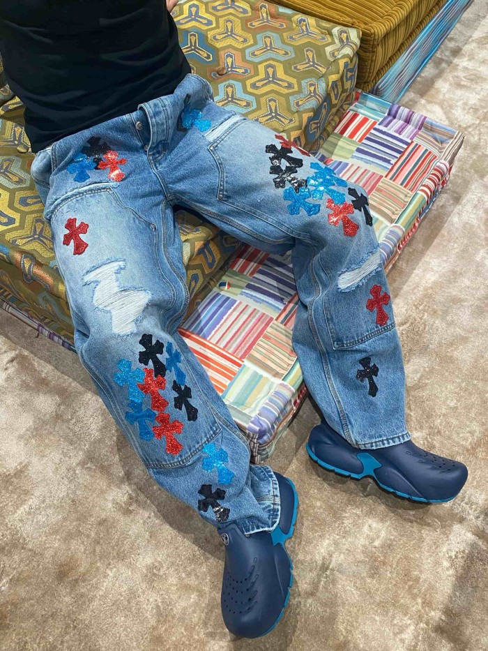 1:1 quality version  colored glitter cross distressed vintage washed jeans 28959375