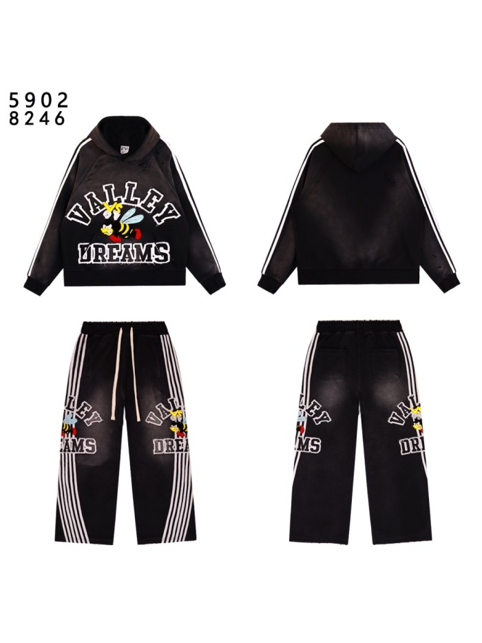 Angry Bee Print Washed Version Hoodie & Pants Set 4 colors 28705419