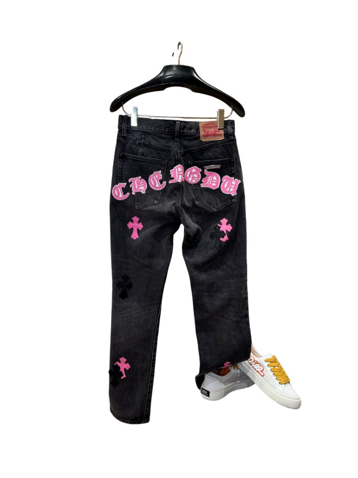 1:1 quality version  black & pink cross appliqué washed straight-leg jeans 28959382