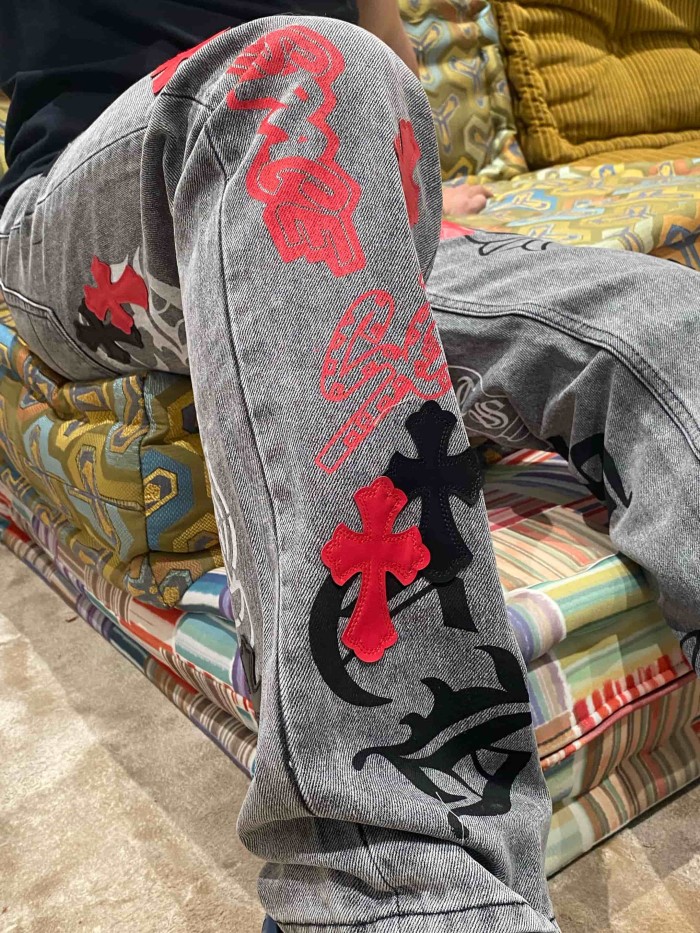 1:1 quality version  black and red cross genuine leather appliqué printed jeans 28959554