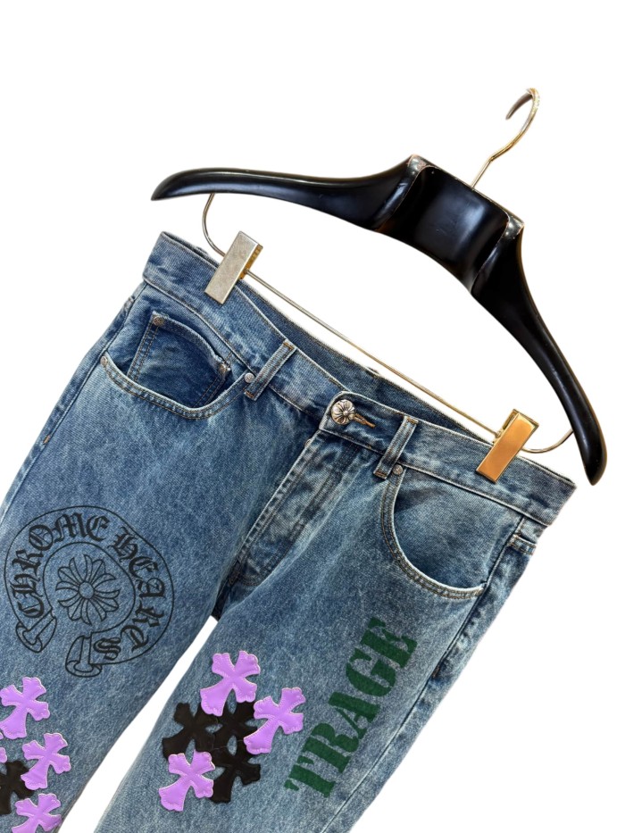 1:1 quality version  black & purple color-block cross leather prints jeans 28959500