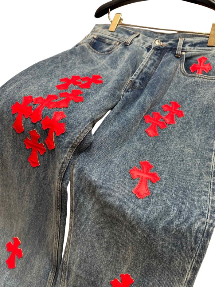 1:1 quality version  red cross leather appliqués washed jeans 28959518