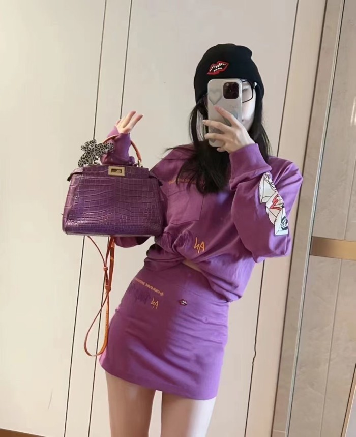 1:1 quality version Graffiti Collection Purple Long Sleeve T-Shirt & skirt set