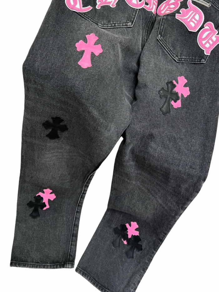 1:1 quality version  black & pink cross appliqué washed straight-leg jeans 28959382