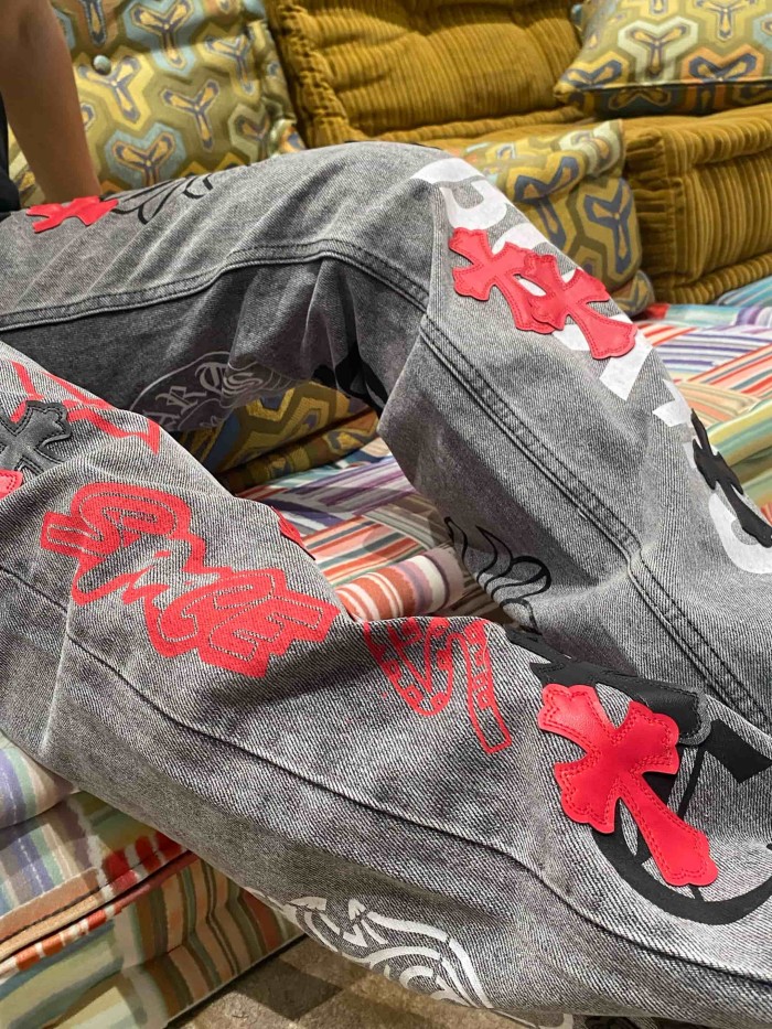 1:1 quality version  black and red cross genuine leather appliqué printed jeans 28959554