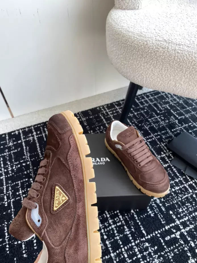 PR@DA@ TRAIL FADED SUEDE SNEAKERS IN DARK BROWN- PRD079