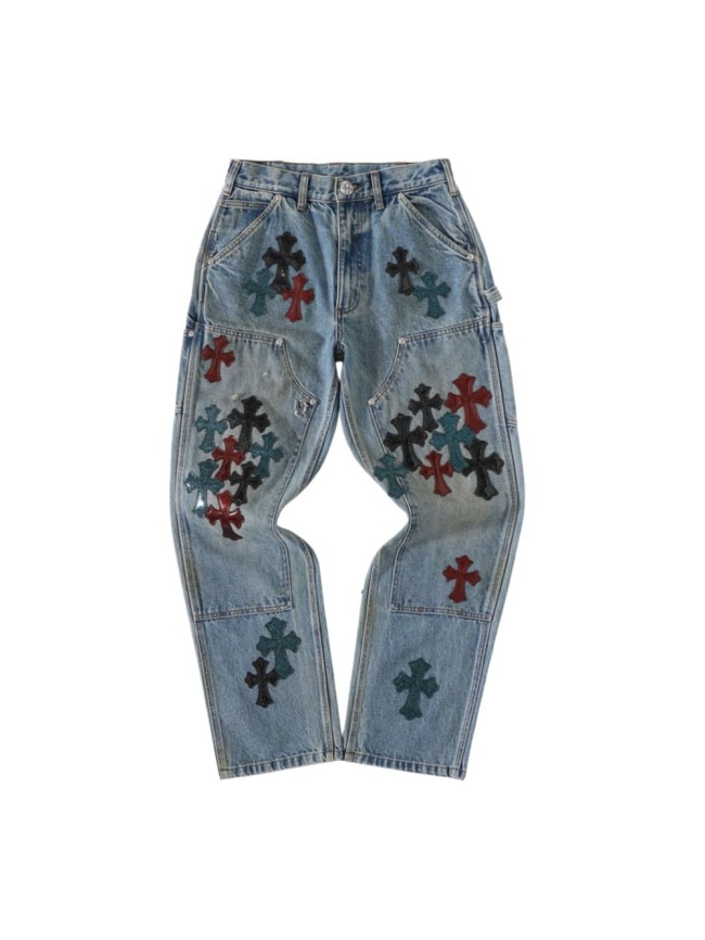 1:1 quality version Black Red Teal Cross Patched Light Blue Washed Carpenter Denim Jeans 29082300