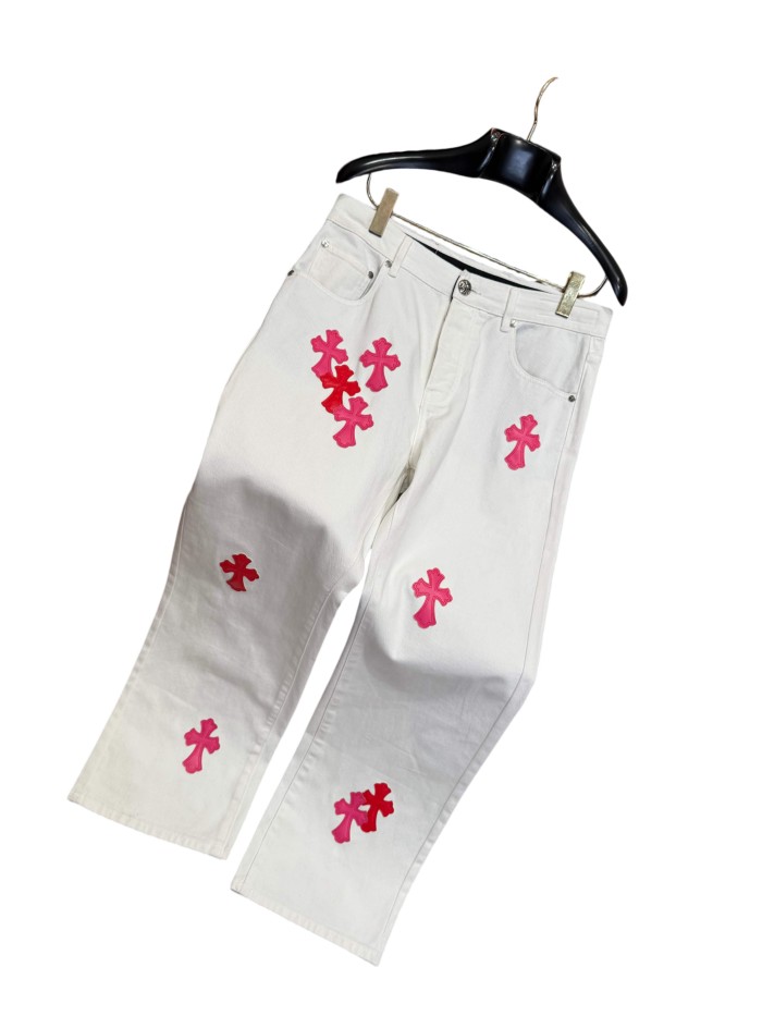 1:1 quality version  pink & white cross leather patch washed jeans 28959540