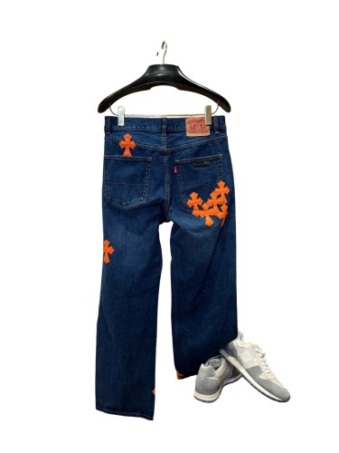 1:1 quality version  orange cross leather appliqués washed jeans 28959532