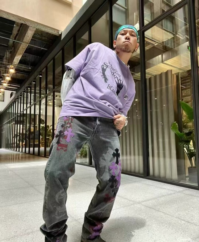 1:1 quality version Purple Black Cross Patched Graffiti Straight Leg Denim Jeans 29082285