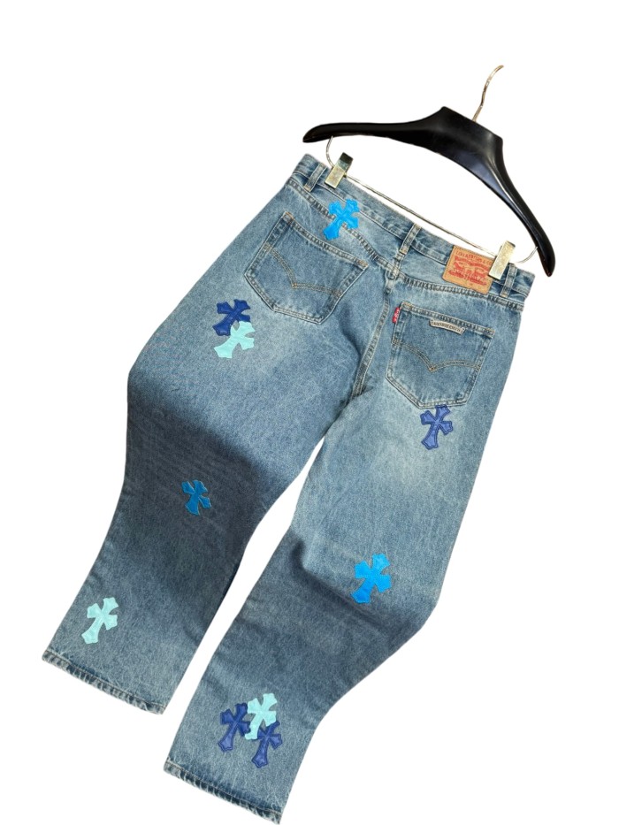 1:1 quality version  blue color-block cross leather appliqués washed jeans 28959512