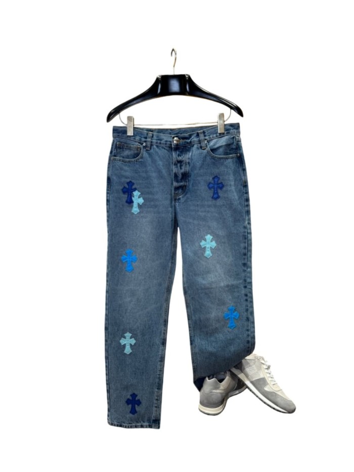 1:1 quality version  blue color-block cross leather appliqués washed jeans 28959512
