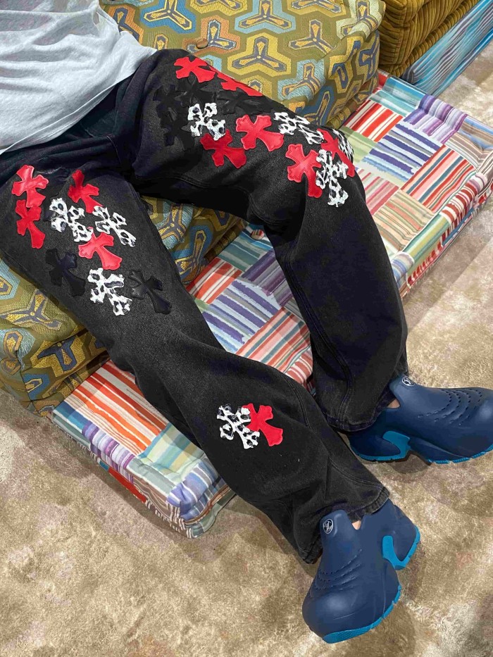 1:1 quality version  leopard print, flame and cross motifs heavy-duty jeans 28959669