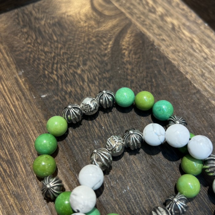 White Turquoise & Wire Green Silver Bead Bracelet 2 colors