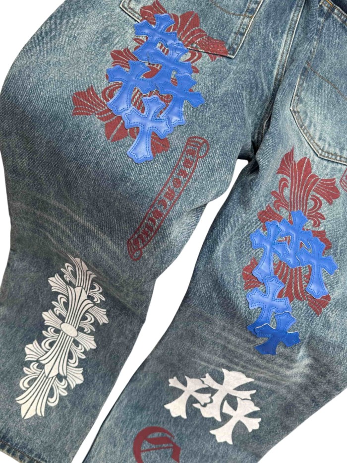 1:1 quality version  blue crosses and red flower appliqués washed blue jeans 28959455
