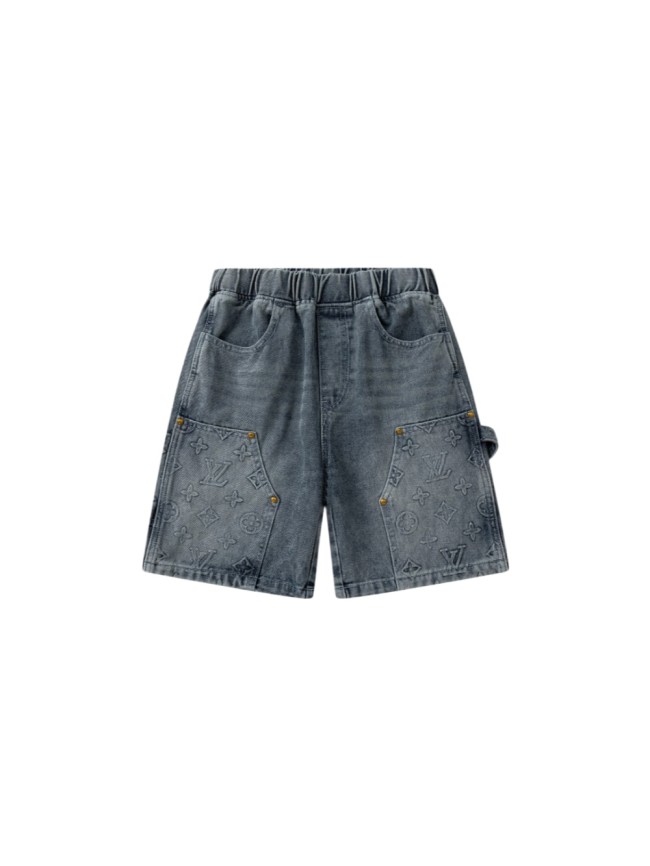 Embossed Monogram Rivet Pocket Washed Denim Shorts for Kids 29006099