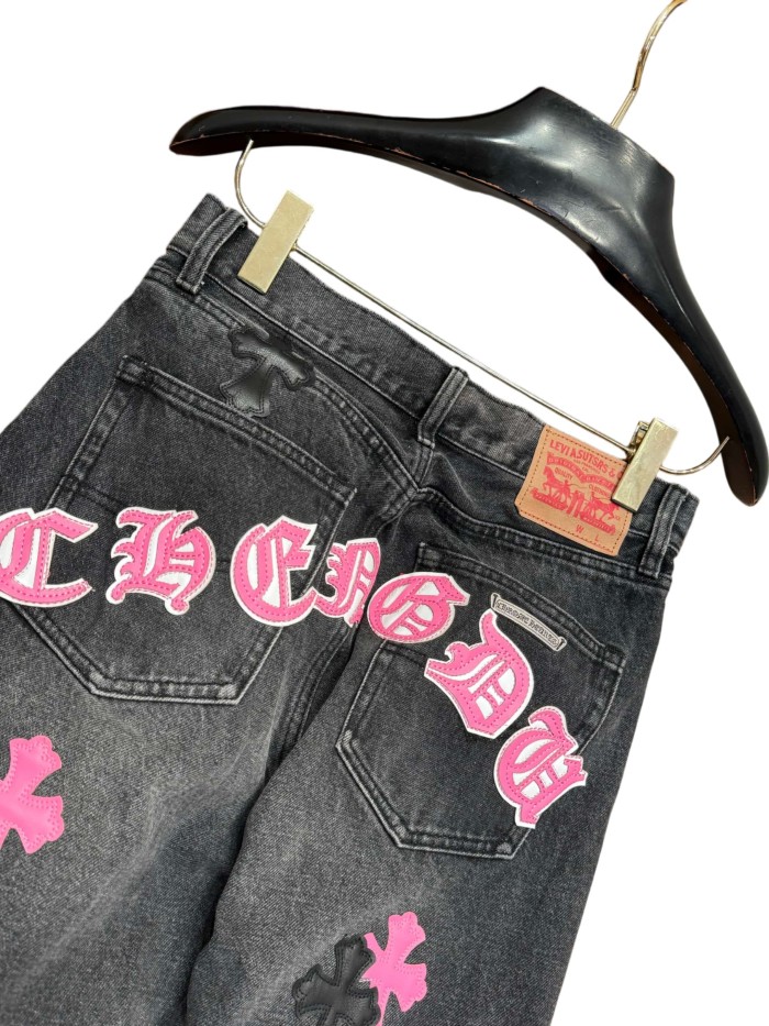 1:1 quality version  black & pink cross appliqué washed straight-leg jeans 28959382