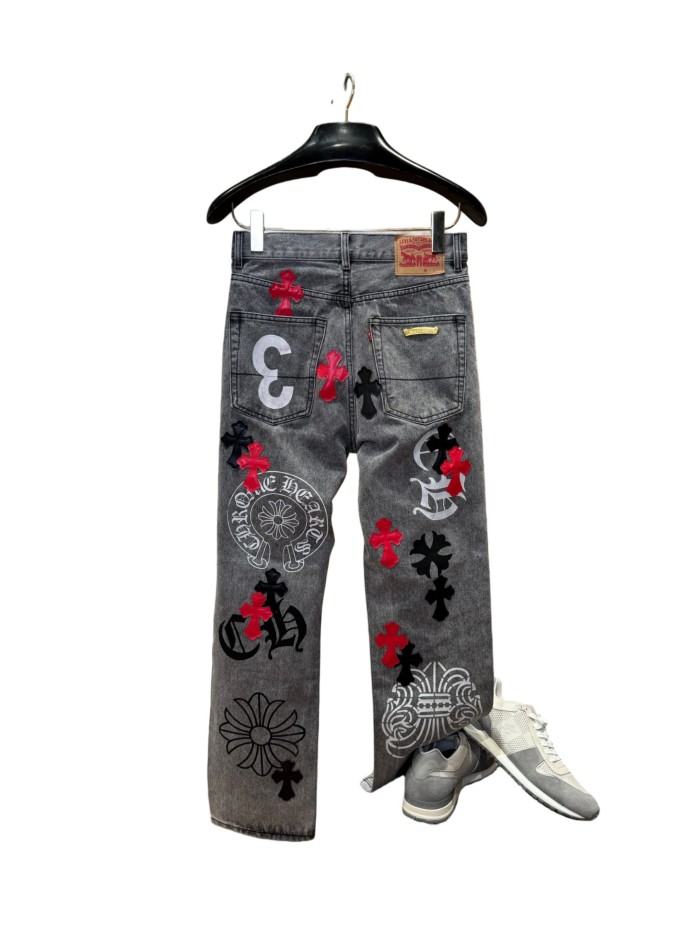 1:1 quality version  black and red cross genuine leather appliqué printed jeans 28959554