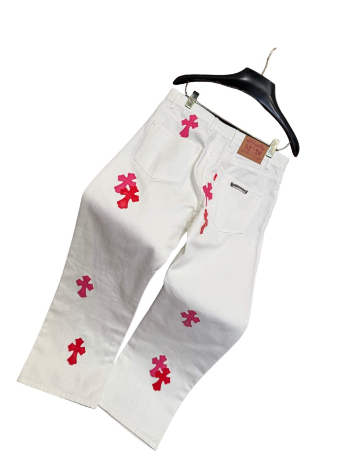 1:1 quality version  pink & white cross leather patch washed jeans 28959540