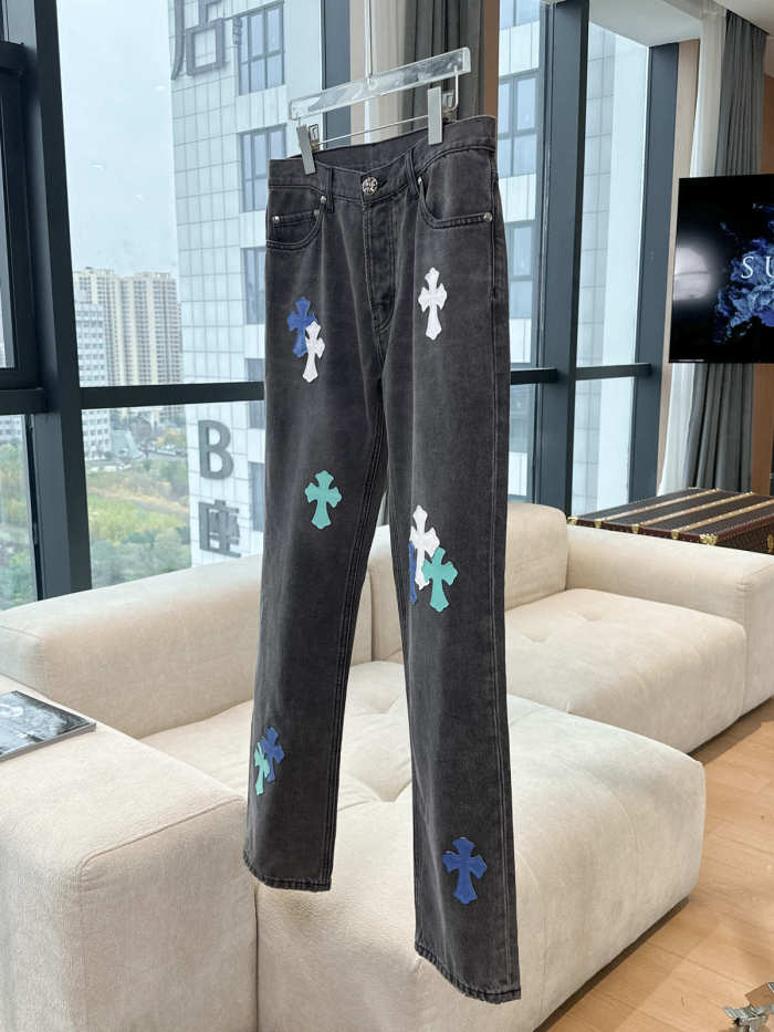 1:1 quality version Heavy Duty Blue and White Patchwork Leather Washed and Aged Jeans