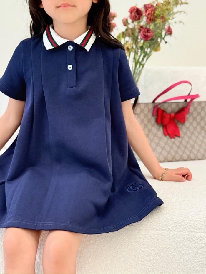 Navy Blue Red & Green Trimmed Collar A-Line Polo Dress for Kids 29006255