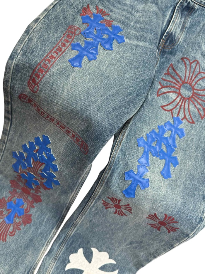 1:1 quality version  blue crosses and red flower appliqués washed blue jeans 28959455