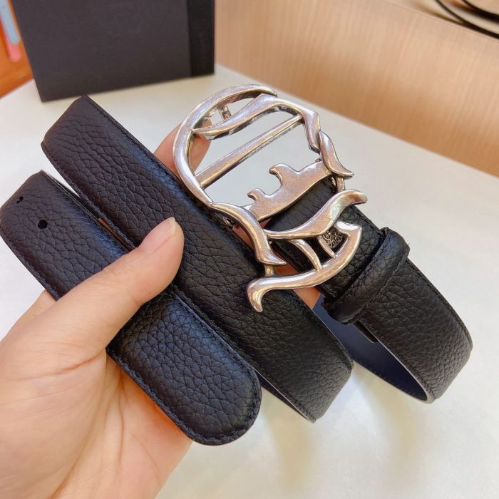 1:1 quality version Sanskrit Ch Monogram Sterling Brass Silver Plated Buckle Leather Belt 3 colors【Width 3.0 cm】