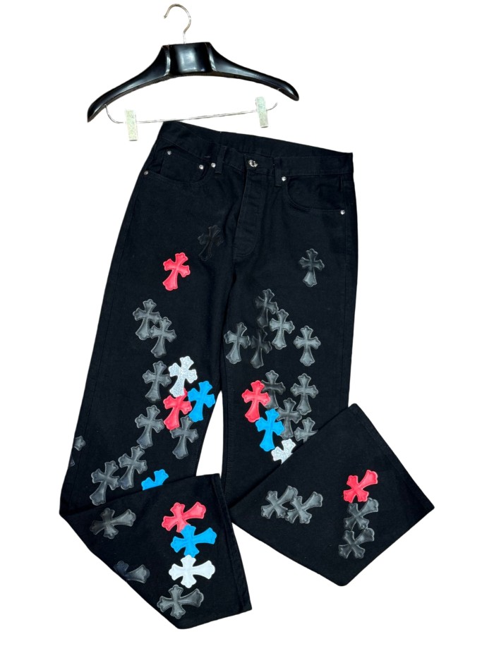 1:1 quality version  color-block cross appliqué glitter jeans 28959574