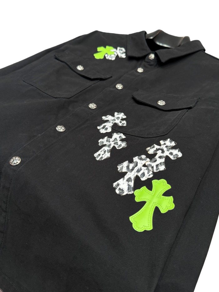 1:1 quality version green & white cross leather patches denim Vintage jacket 28959603