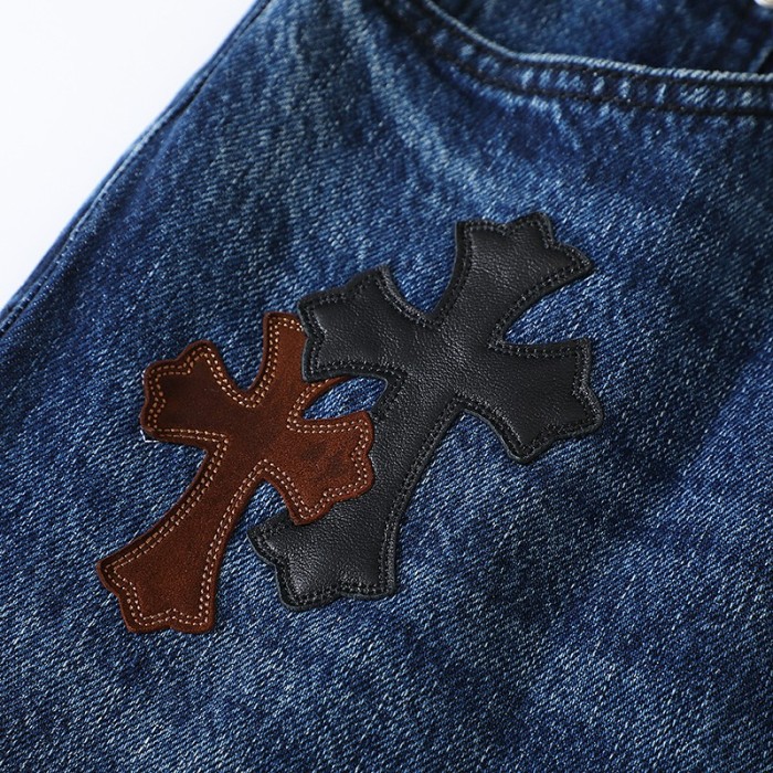 1:1 quality version Black Brown White Cross Patched Medium Blue Leg Denim Pants 29082332