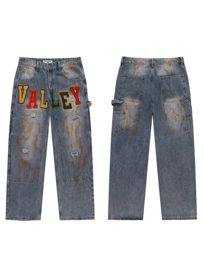 Letter Embroidery Vintage Washed Wide Leg Cargo Denim Jeans 2 colors 28978099