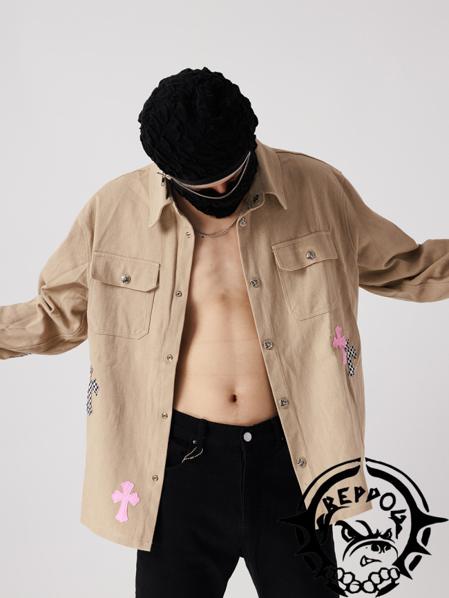 [buy more save more] Leather cross piece embroidered shirt