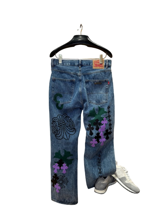 1:1 quality version  black & purple color-block cross leather prints jeans 28959500