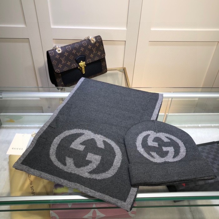 1:1 quality version Big Logo Jacquard Wool and Cashmere Scarf and Beanie Set 4 colors