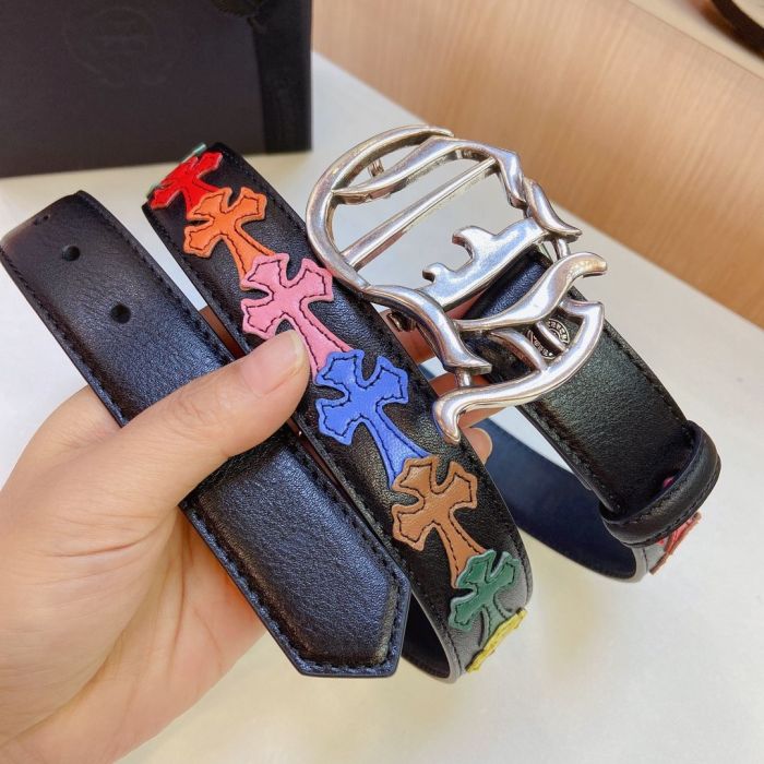 1:1 quality version Sanskrit Ch Monogram Sterling Brass Silver Plated Buckle Leather Belt 3 colors【Width 3.0 cm】