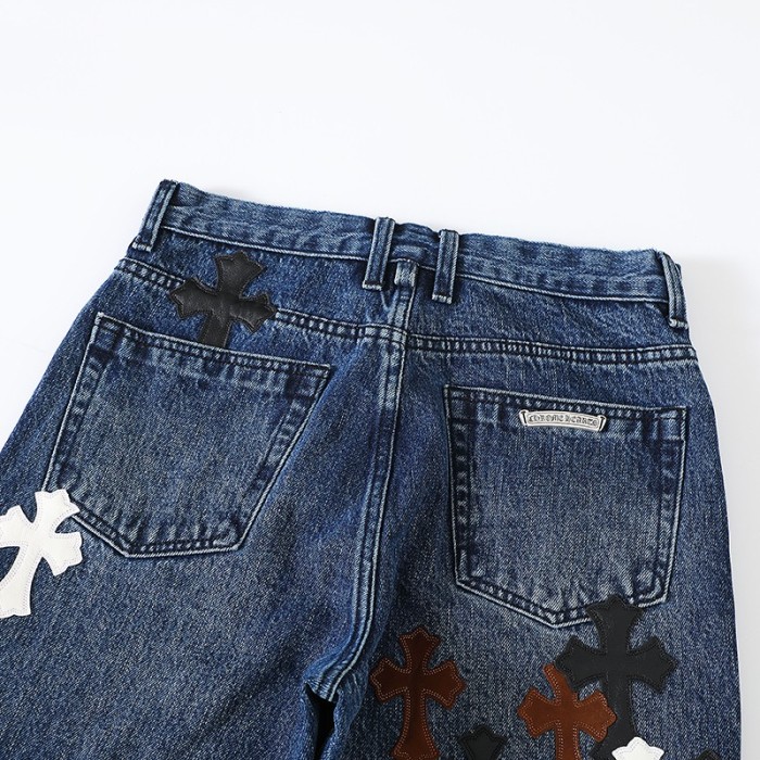 1:1 quality version Black Brown White Cross Patched Medium Blue Leg Denim Pants 29082332