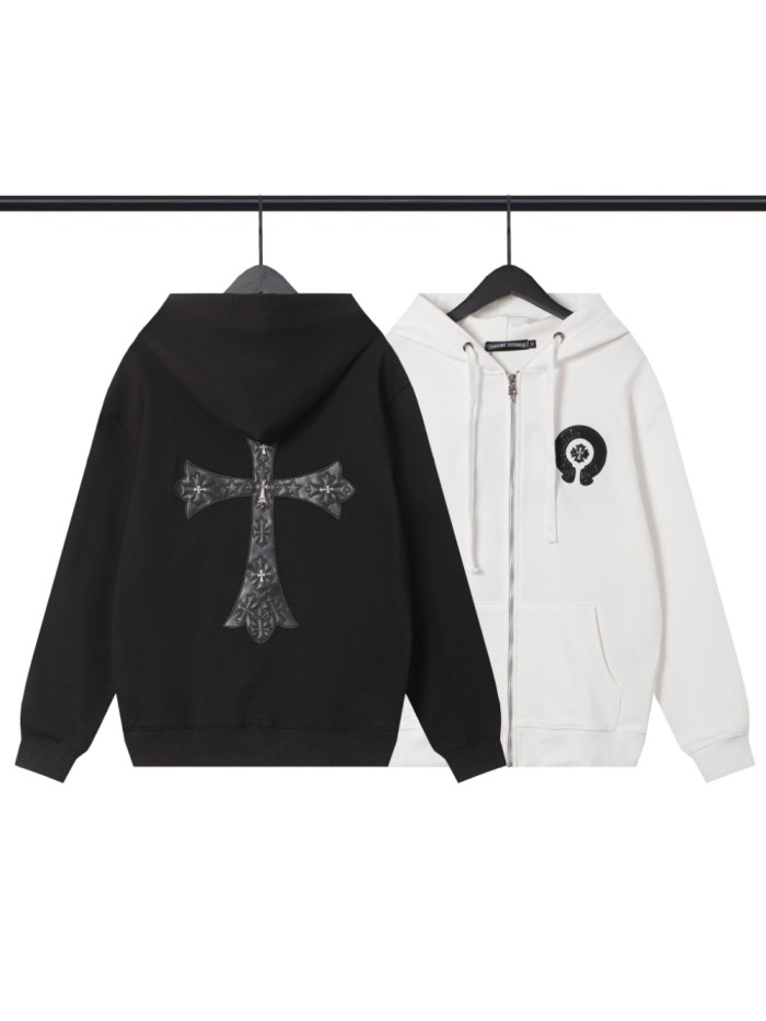 [buy more save more]Patchwork Leather Cross Embroidered Zipper Hooded Sweatshirt 2 colors