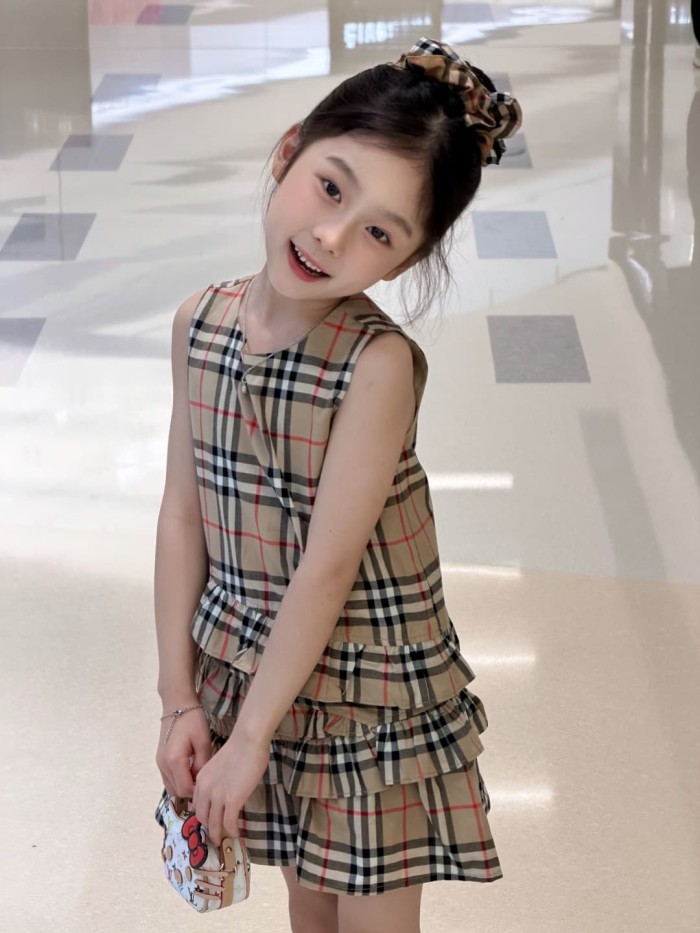 Khaki Vintage Check Kids A-Line Sleeveless Dress for Kids 29000405