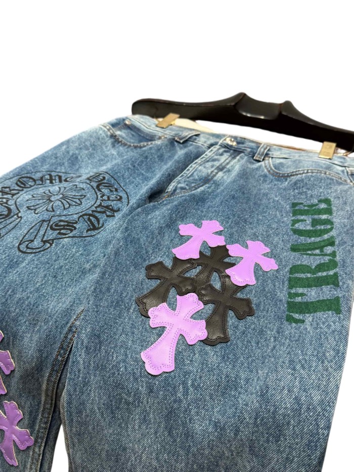 1:1 quality version  black & purple color-block cross leather prints jeans 28959500