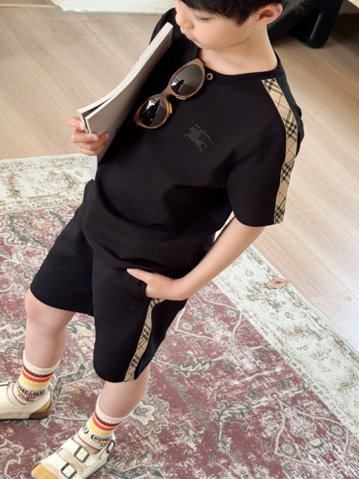 Black Check Trim Cotton T-Shirt for Kids 29010785