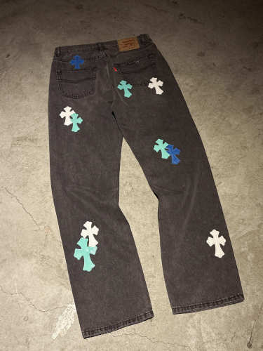 1:1 quality version Heavy Duty Blue and White Patchwork Leather Washed and Aged Jeans