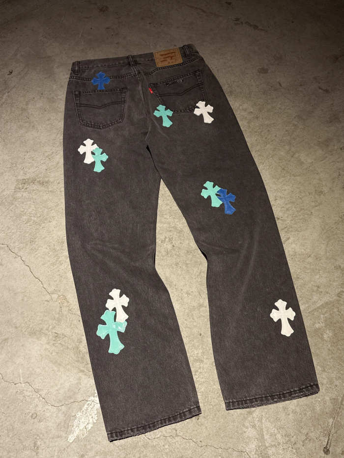 1:1 quality version Heavy Duty Blue and White Patchwork Leather Washed and Aged Jeans
