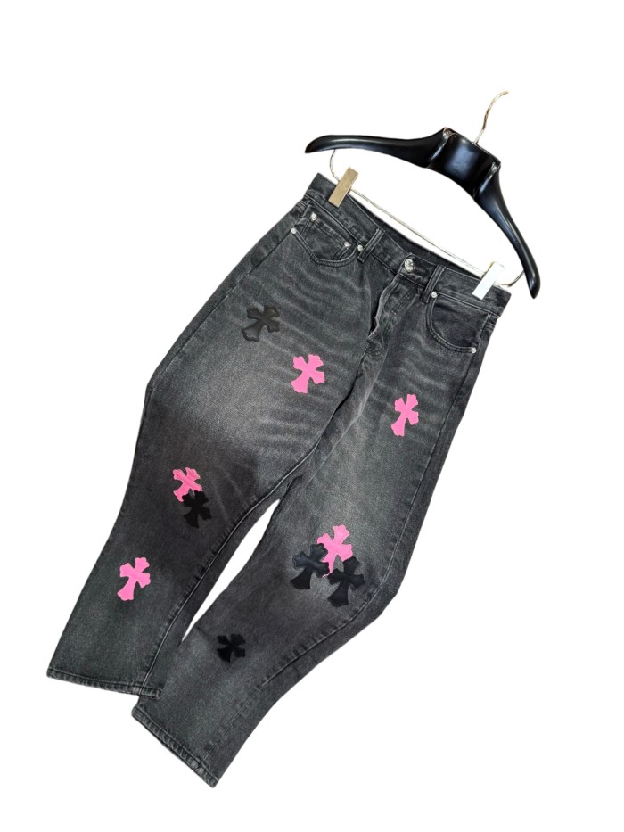 1:1 quality version  black & pink cross appliqué washed straight-leg jeans 28959382