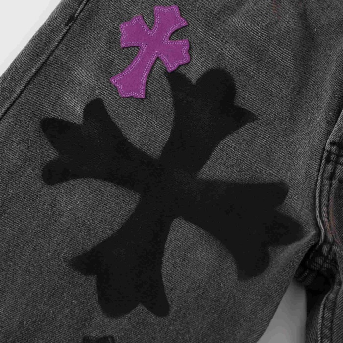 1:1 quality version Purple Black Cross Patched Graffiti Straight Leg Denim Jeans 29082285