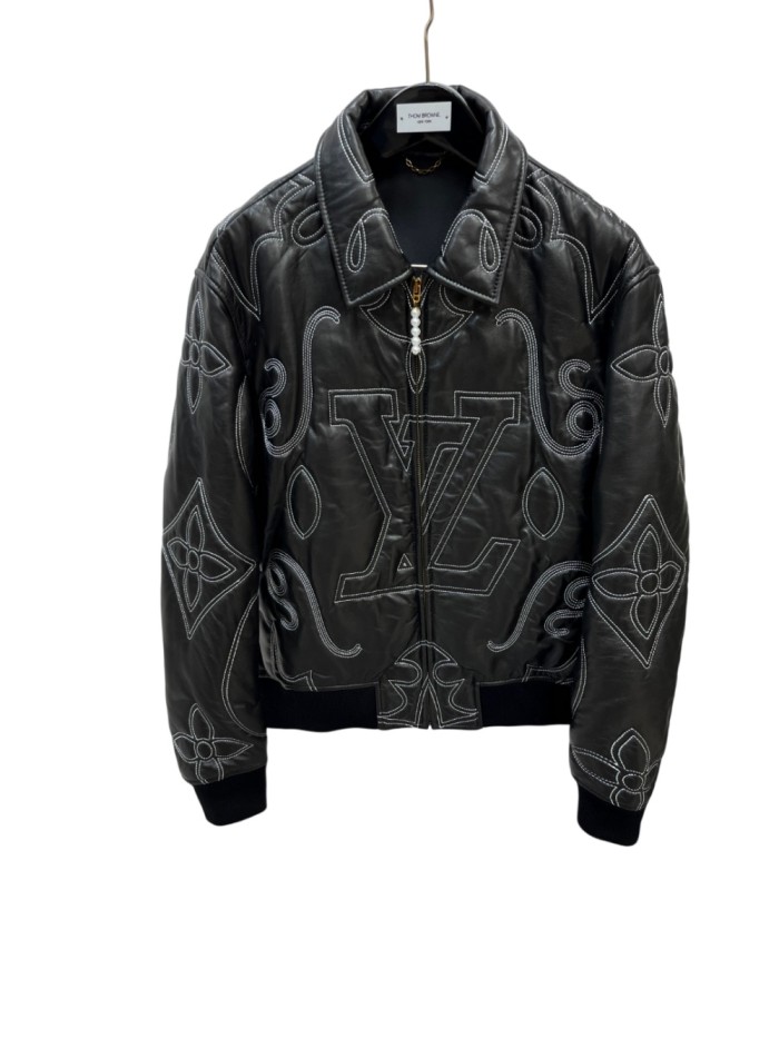 1:1 quality version Arabesque Embroidered Bomber Leather Jacket 28963888