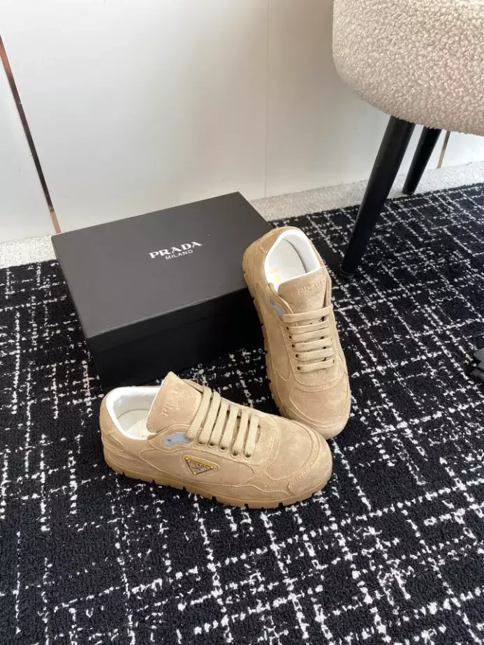 PR@DA@ TRAIL FADED SUEDE SNEAKERS IN ECRU   PRD080