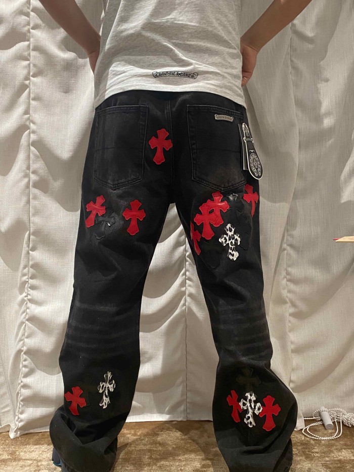 1:1 quality version  leopard print, flame and cross motifs heavy-duty jeans 28959669