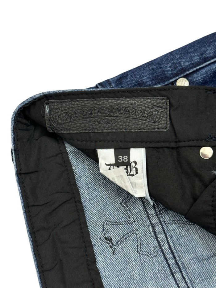 1:1 quality version Distressed Blue Multi-Color Cross Leather Patch Jeans 28903074