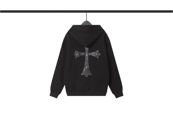 [buy more save more]Patchwork Leather Cross Embroidered Zipper Hooded Sweatshirt 2 colors